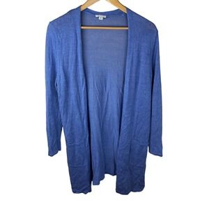 J Jill Petite M Linen Blend Knit Open Front Long Cardigan Sweater Ocean Blue